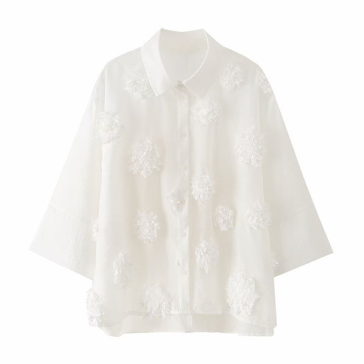 Women Transparent Oversize Blouse with 3D Flower Applications and Shirt Collar Mune Fashion