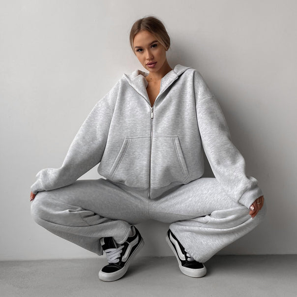 Women's Cotton Fleece Lounge Set with Oversized Zip Hoodie and Palazzo Sweatpants Mune Fashion