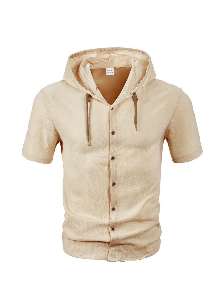 Men's short-sleeve hooded shirt with natural fiber texture, button-up front, and drawstring Mune Fashion