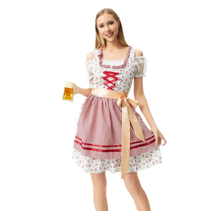 Women's traditional Oktoberfest dirndl with laced bodice, ruffles, and satin apron Mune Fashion