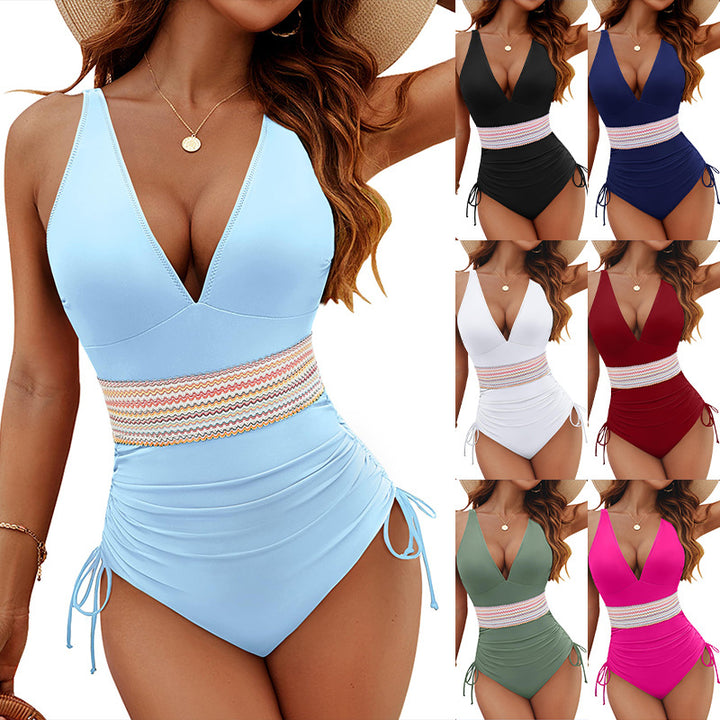 Women's One-Piece Swimsuit with Deep Neckline and Attractive Ruffle Details Mune Fashion
