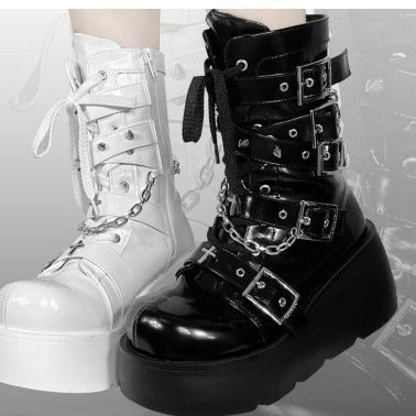 Women's Plateau Biker Ankle Boots with Wide Wedge Sole, Buckles, Chains and Cross Appliqués Mune Fashion
