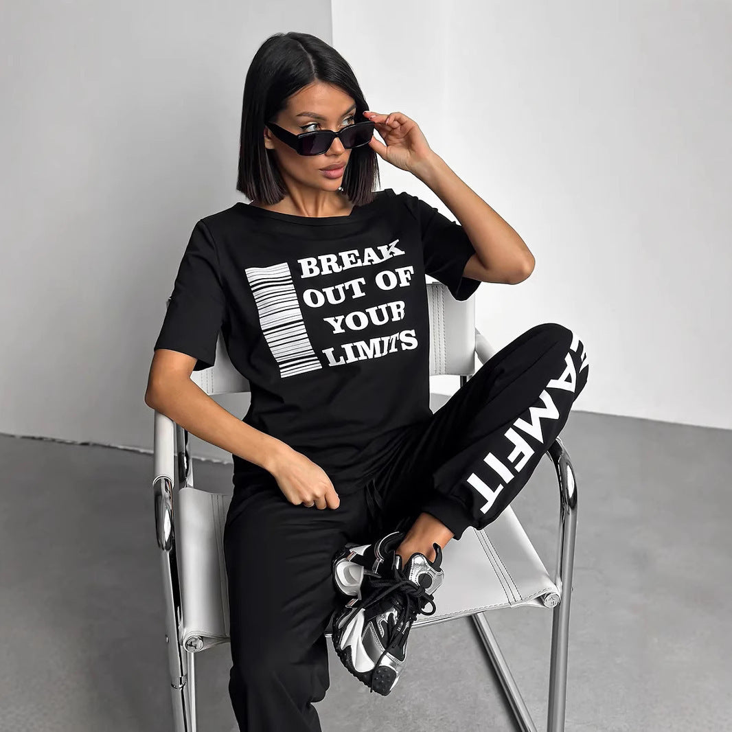 Women's casual lounge set with cut-out shoulder and statement print