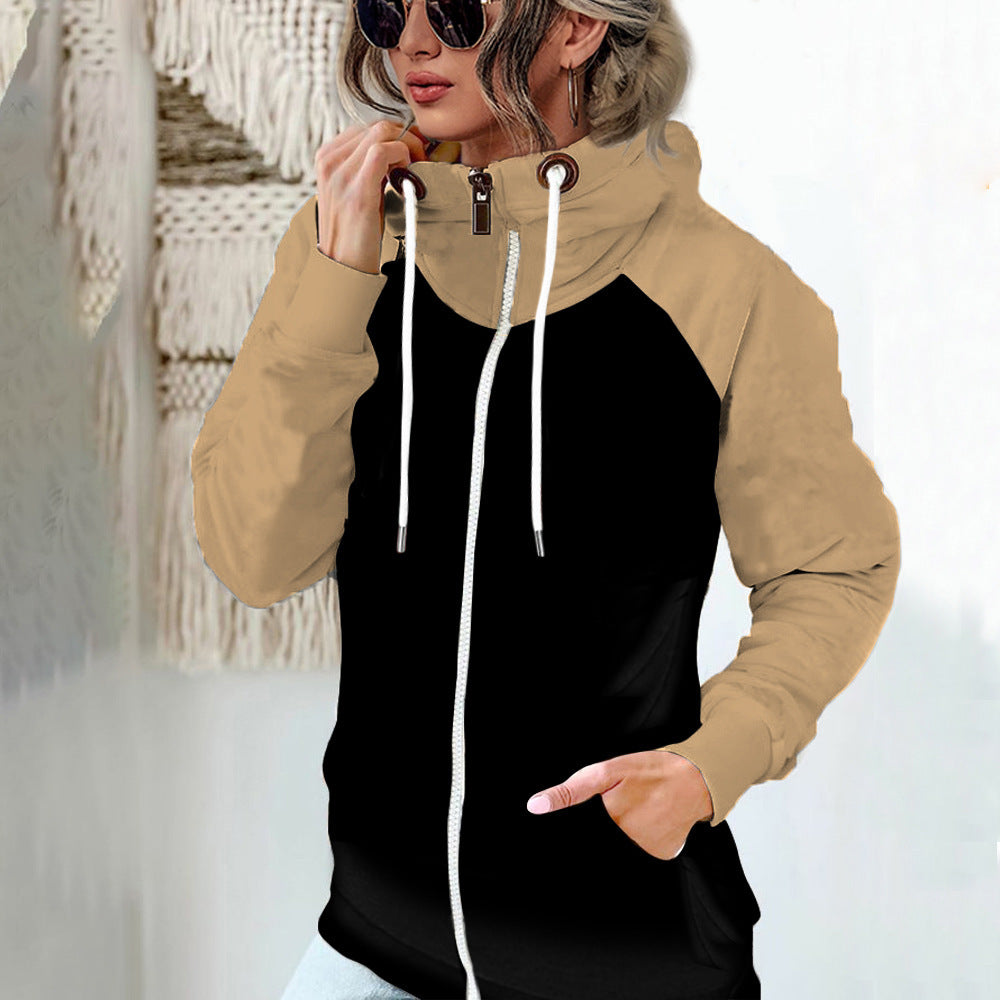 Women's hooded jacket with high stand-up collar, full-length zipper, and raglan sleeves Mune Fashion