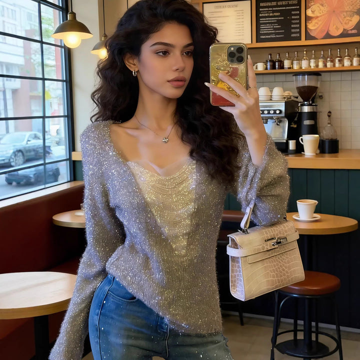 Women Fluffy Long Sleeve Shirt with Deep V-Neck and Glitter Insert Mune Fashion