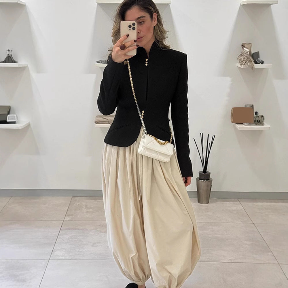 Women's Tailored Structured Blazer with Stand Collar & Decorative Button Placket Mune Fashion