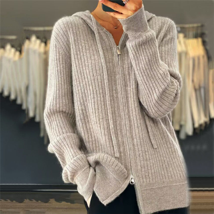 Women's oversized ribbed knit hoodie cardigan with two-way zipper and cashmere blend Mune Fashion