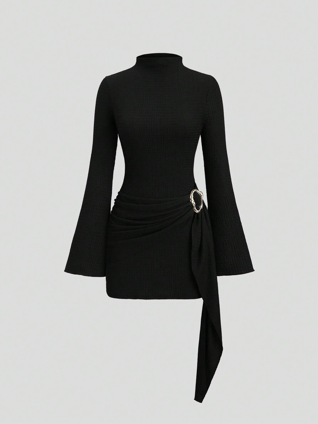 Women fitted knit mini dress with stand-up collar, trumpet sleeves and side draping with decorative ring Mune Fashion