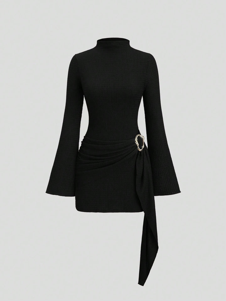 Women fitted knit mini dress with stand-up collar, trumpet sleeves and side draping with decorative ring Mune Fashion