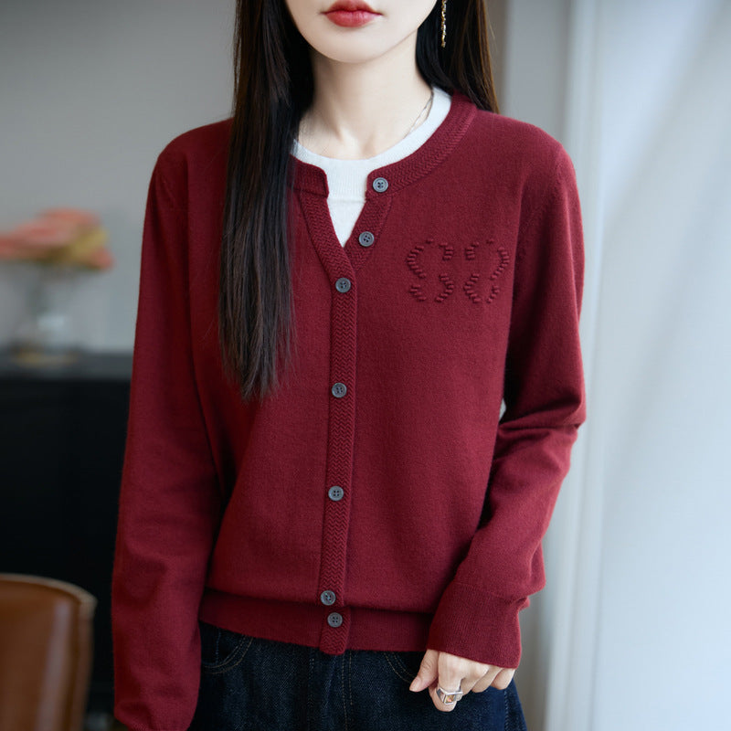 Women's Short Fine Knit Cardigan with V-slit Collar, Ribbed Trim and Subtle Structured Logo Mune Fashion