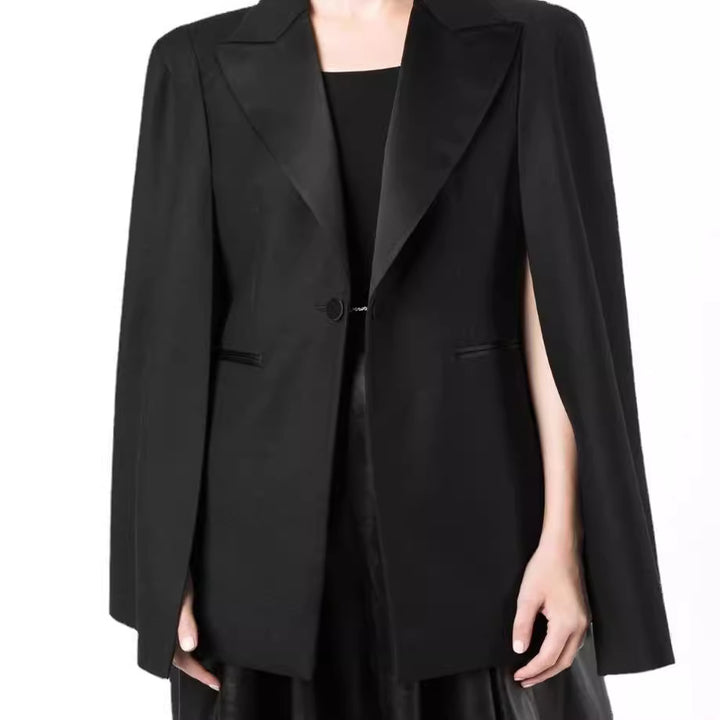 Women's Cape Blazer with Slits at the Sleeves and Satin Lapels Mune Fashion