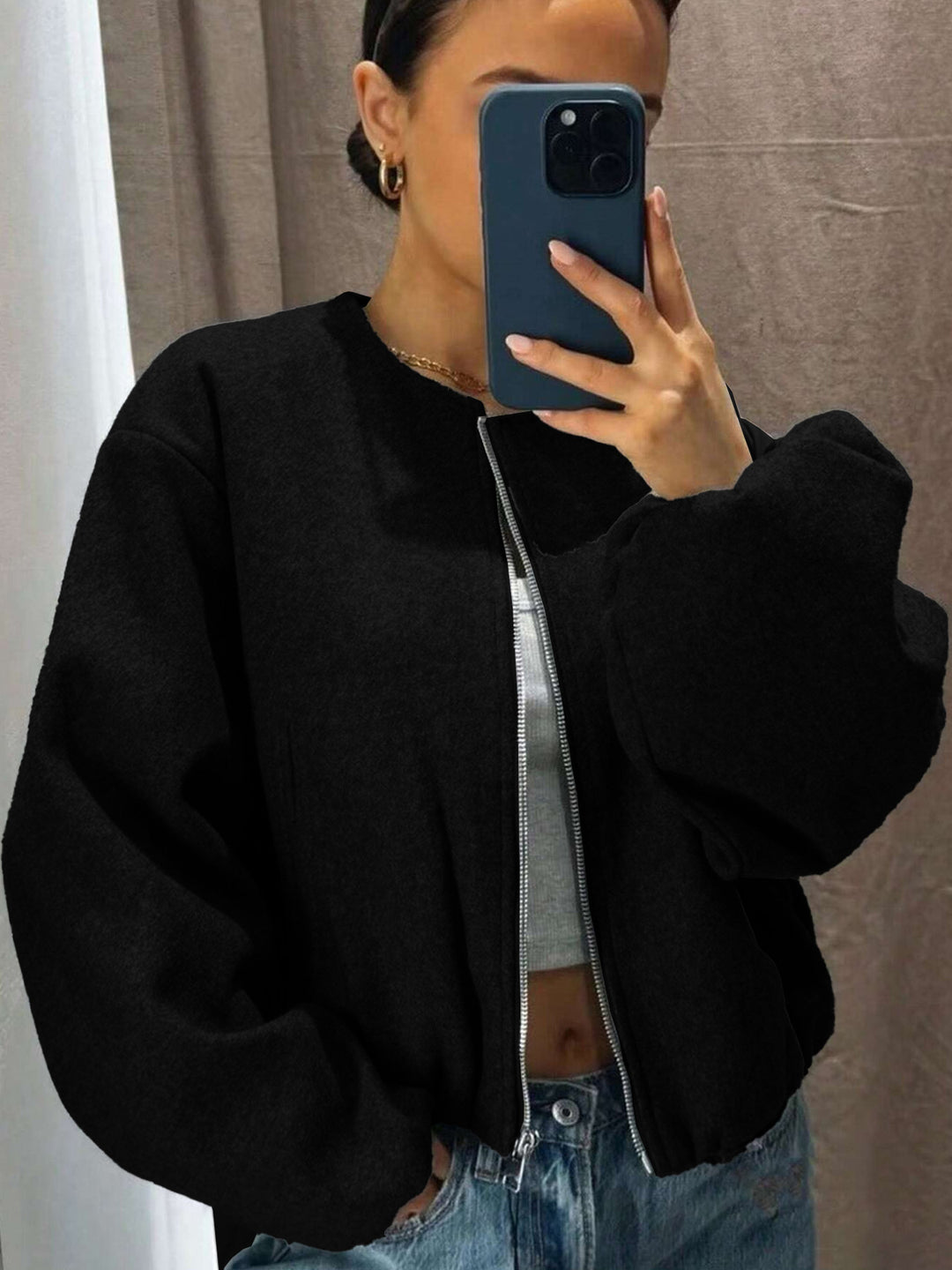 Women's Oversized Bomber Jacket with Zipper and Volume Sleeves Drune