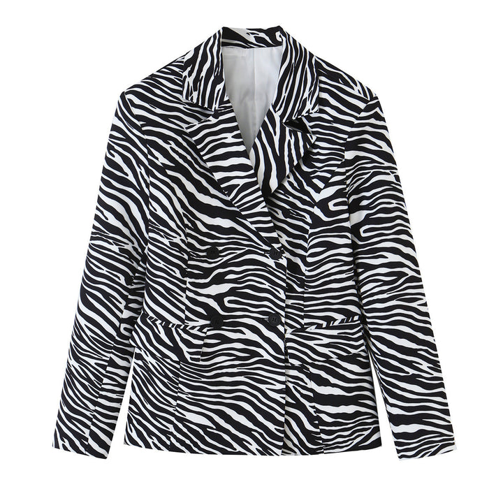 Women's Zebra Print Blazer in Tailoring Look with Double Breasted and Figure-Fitting Waist Mune Fashion