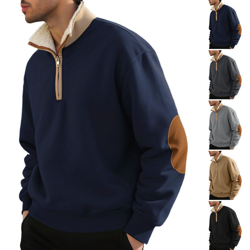 Men's nano lightweight half-zip sweatshirt with sherpa lined stand-up collar and faux leather elbow patch Mune Fashion