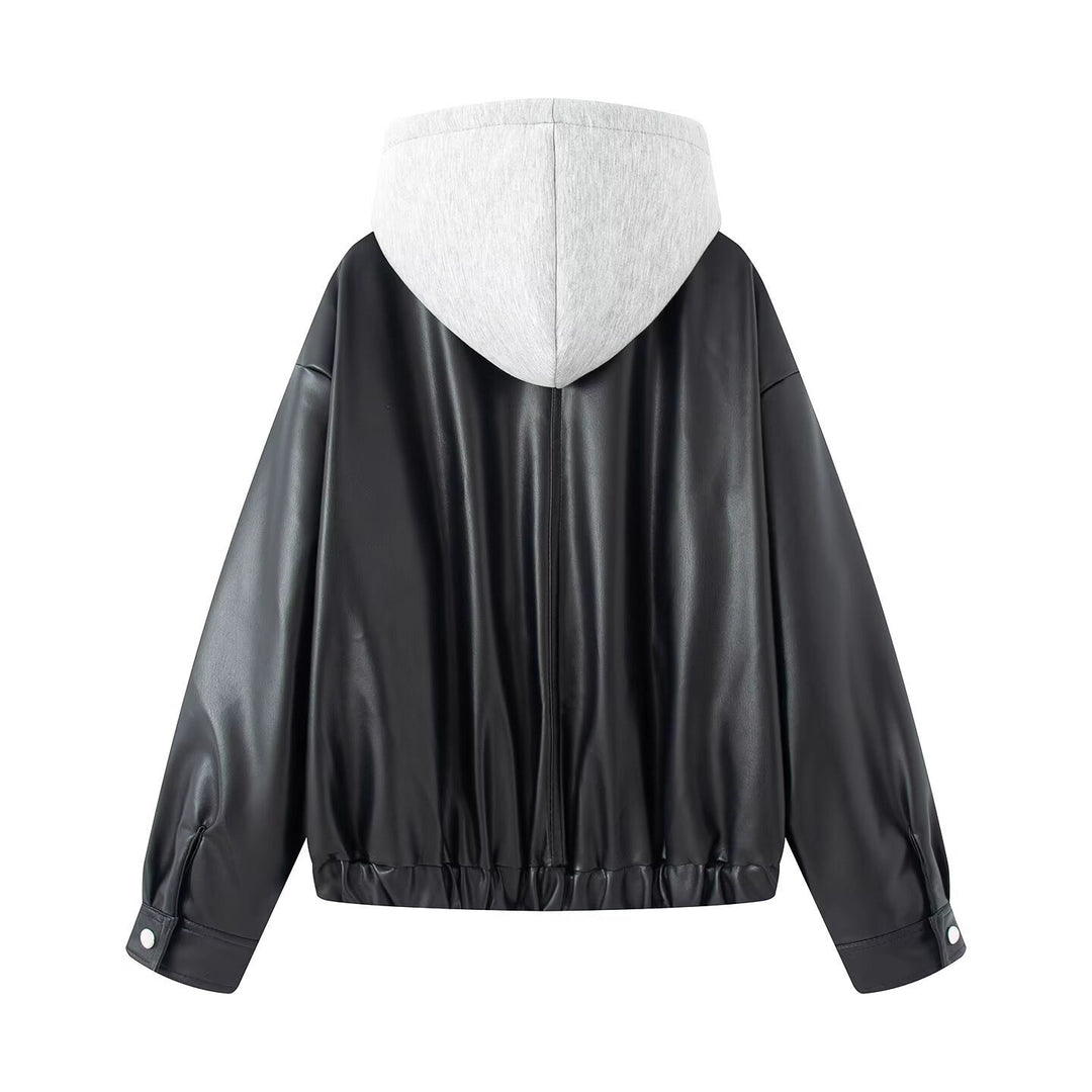 Women Oversize Faux Leather Blouson with Hood Insert and Flap Pockets Mune Fashion