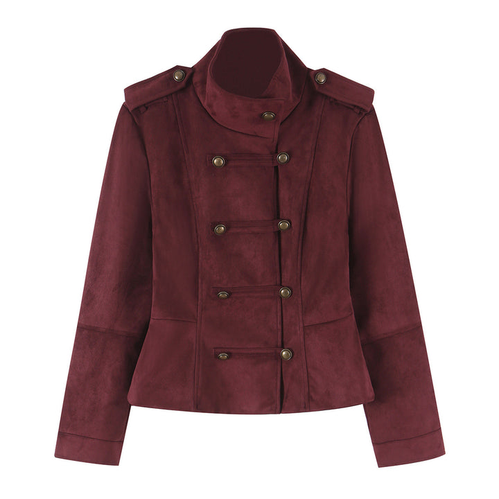 Ladies tailored parade jacket made of velvet imitation with high button placket and shoulder patches Mune Fashion