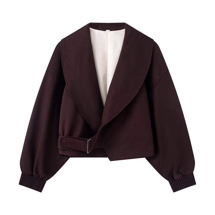 Women's 40+ Cropped Wrap Blouse with Oversized Balloon Sleeves and Asymmetrical Buckle Closure Mune Fashion