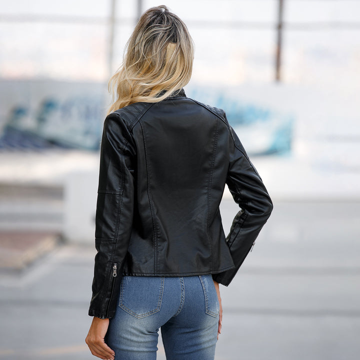 Women's fitted faux leather biker jacket with stand-up collar Mune Fashion