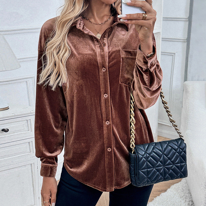 Women’s velour shirt blouse with chest pocket and classic collar Mune Fashion