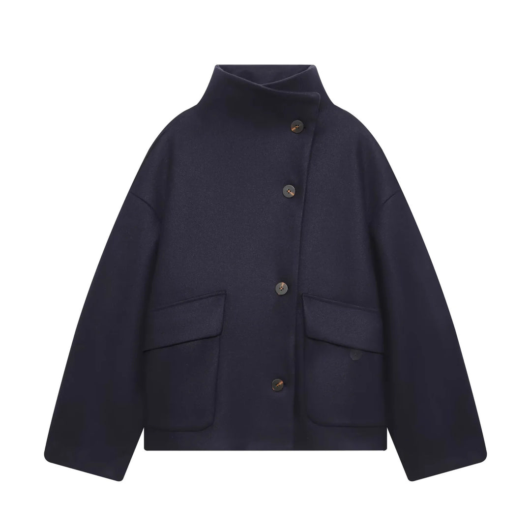 Women's trendy oversized wool blend jacket with high stand-up collar and large patch pockets Mune Fashion