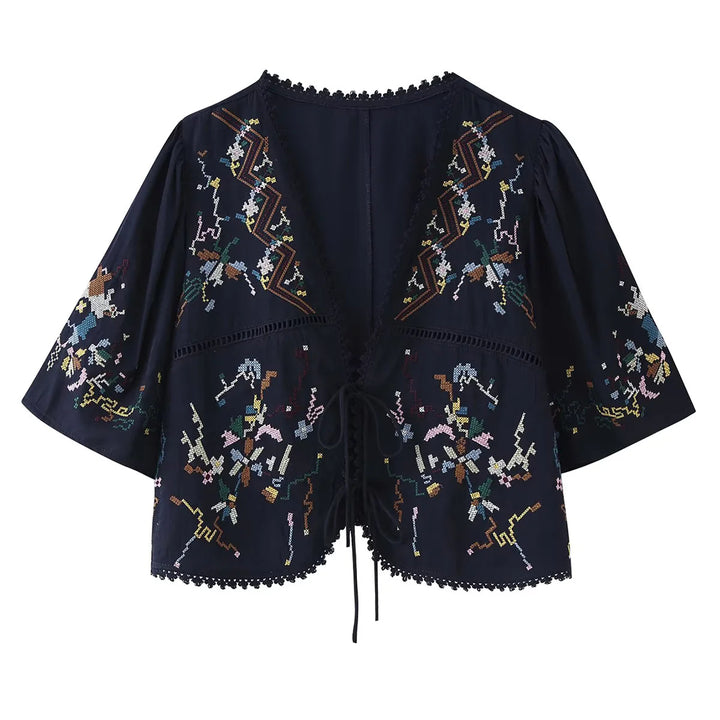 Women embroidered Kimono jacket with tie belt, crochet trim and elbow-length sleeves Mune Fashion