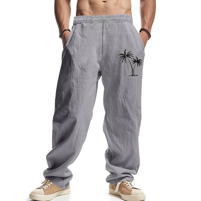 Men's Lightweight Linen-Look Casual Pants with Elastic Waistband, Drawstring & Palm Embroidery Mune Fashion