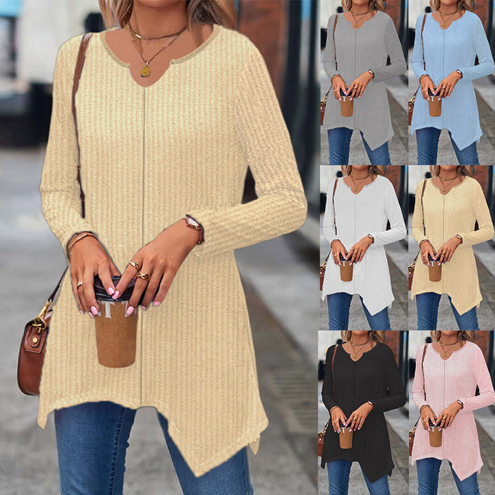 Women's Ribbed Long Sleeve Tunic Top with Asymmetrical Hem Mune Fashion