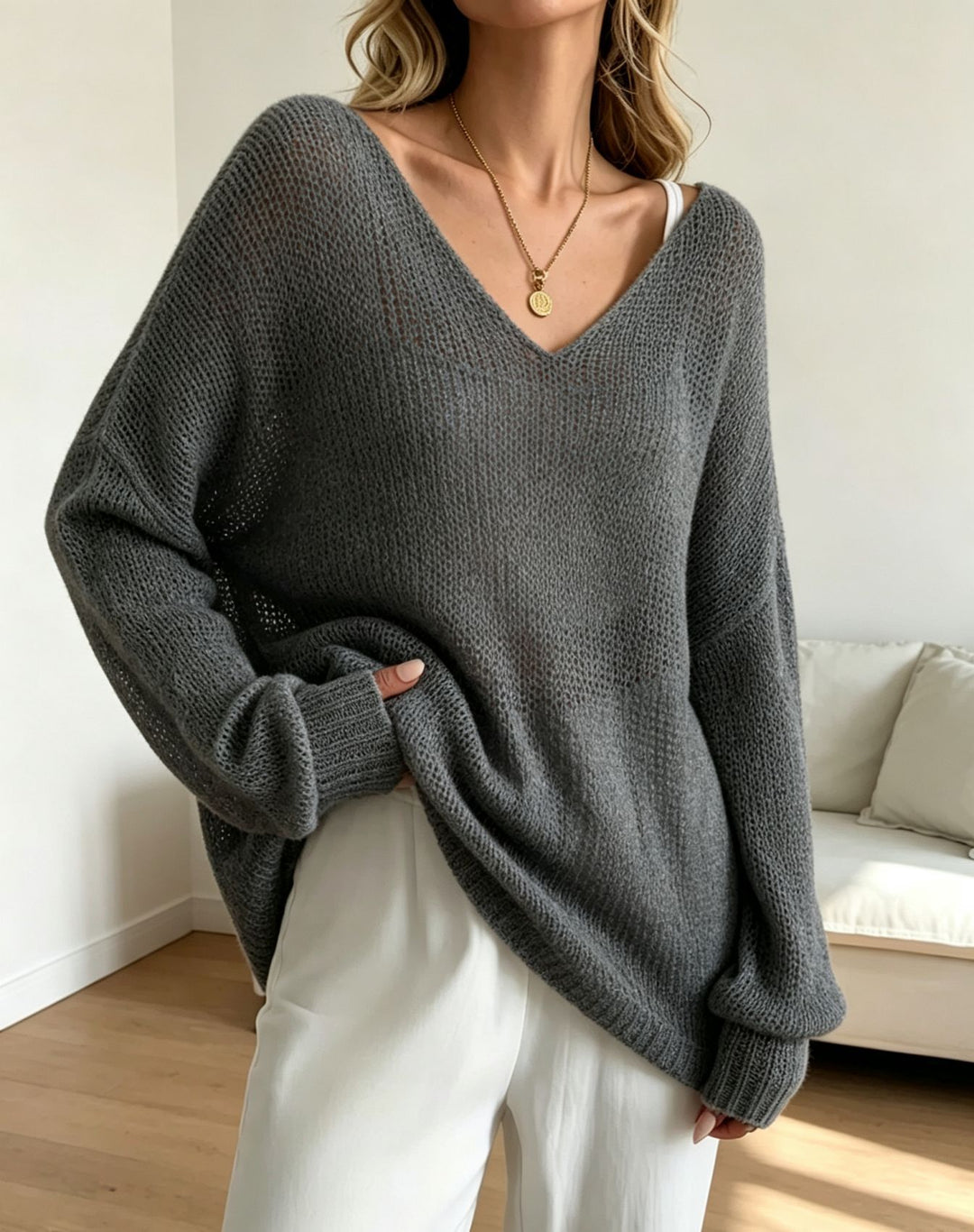 Women's Oversized Knit Sweater with Deep V-Neck and Fine Open Knit Structure Mune Fashion