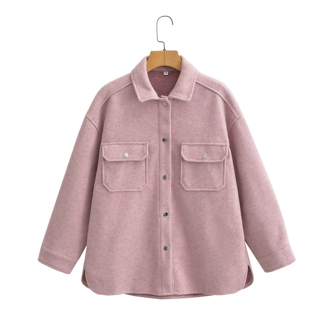 Women Oversize Wool Blend Shacket with Snap Button Front and Patch Pockets Mune Fashion