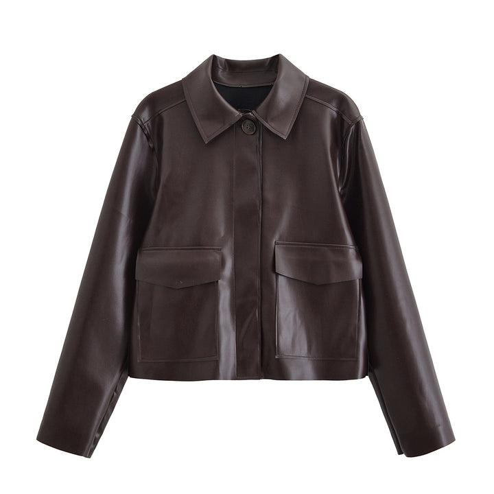 Women Short Boxy Leather-Look Jacket with Flap Pockets and Shirt Collar Mune Fashion