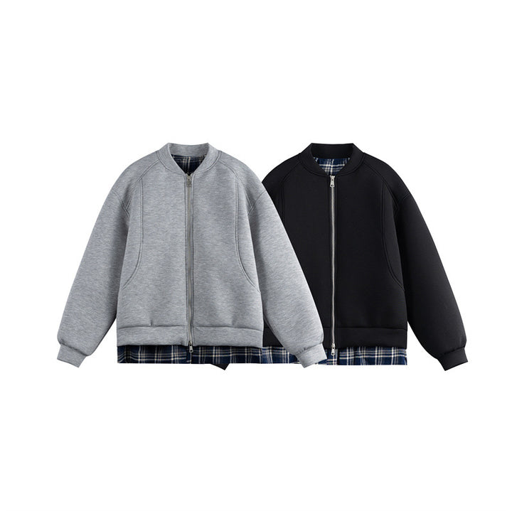 Women Two-in-One Bomber Sweat Jacket with Check Layer Insert and Stand Collar Mune Fashion