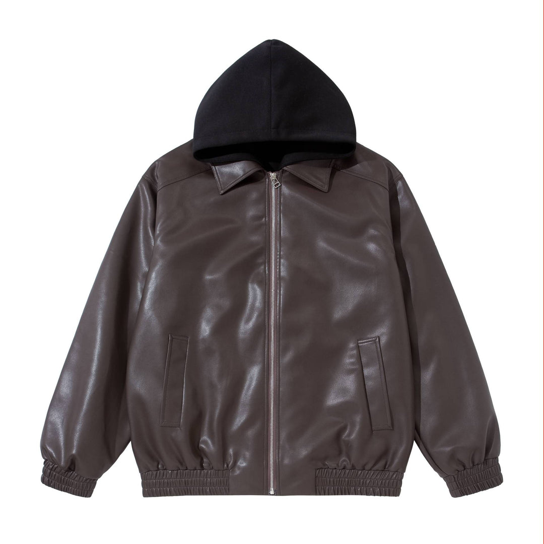 Men's Boxy Leather Blouson with Attached Jersey Hood and Ribbed Hem Mune Fashion
