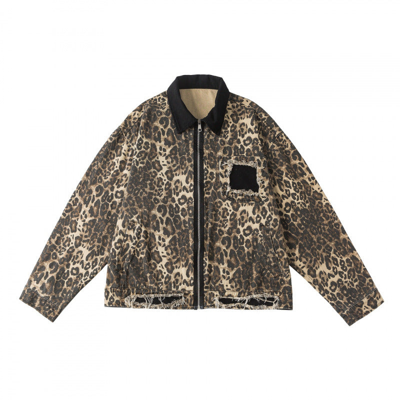 Unisex Boxy Denim Jacket in Leopard Print with Corduroy Collar, Zipper and Fringe Trim Mune Fashion