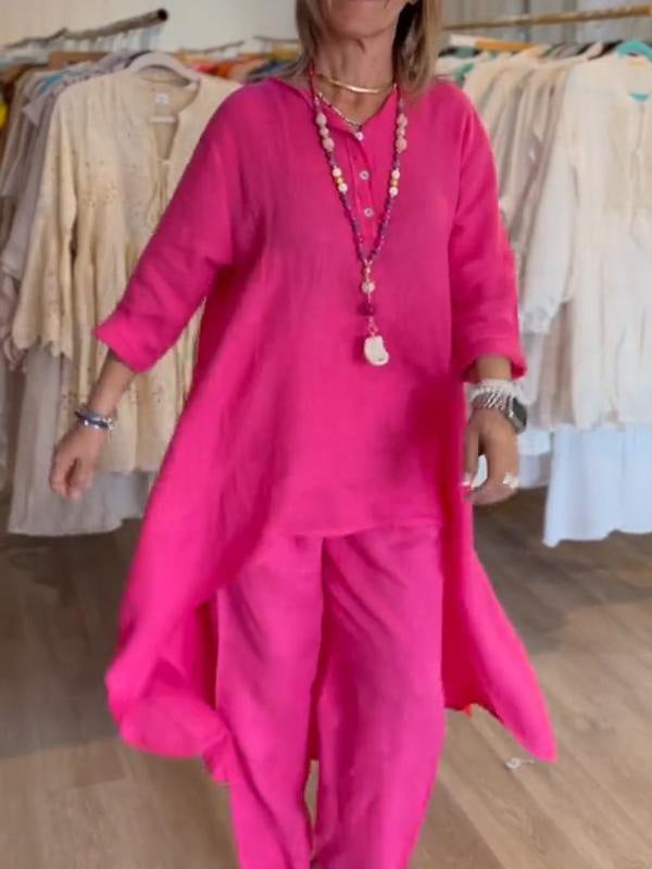 Women's Midi-Length Linen Tunic Set with Asymmetric Hem and Wide Palazzo Pants Mune Fashion