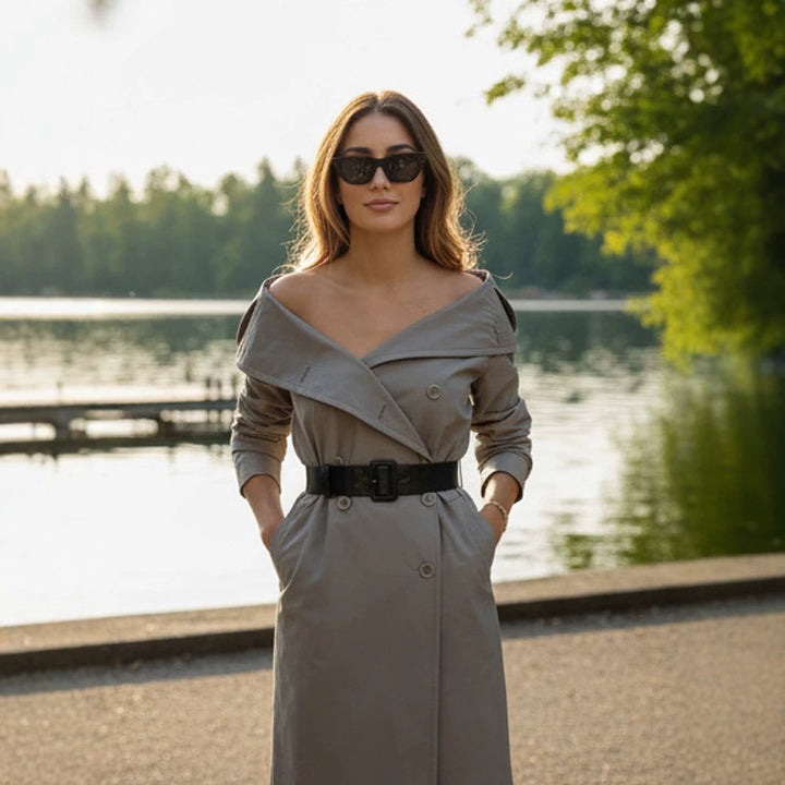 Women Off-Shoulder Trench Dress with Double-Breasted Button Placket and Fitted Patent Belt Mune Fashion