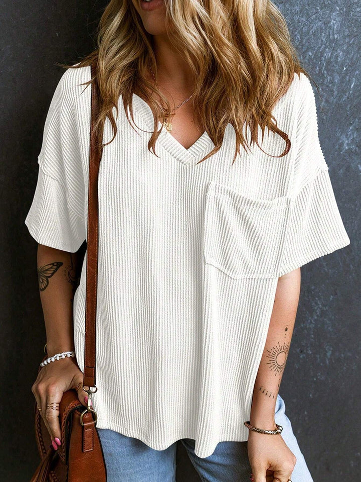 Women's Casual Ribbed Oversized T-Shirt with V-Neck and Breast Pocket Mune Fashion