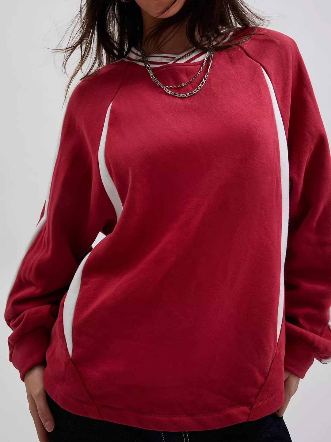 Women Oversize Sweatshirt with Raglan Sleeves and Contrast Stripes Mune Fashion