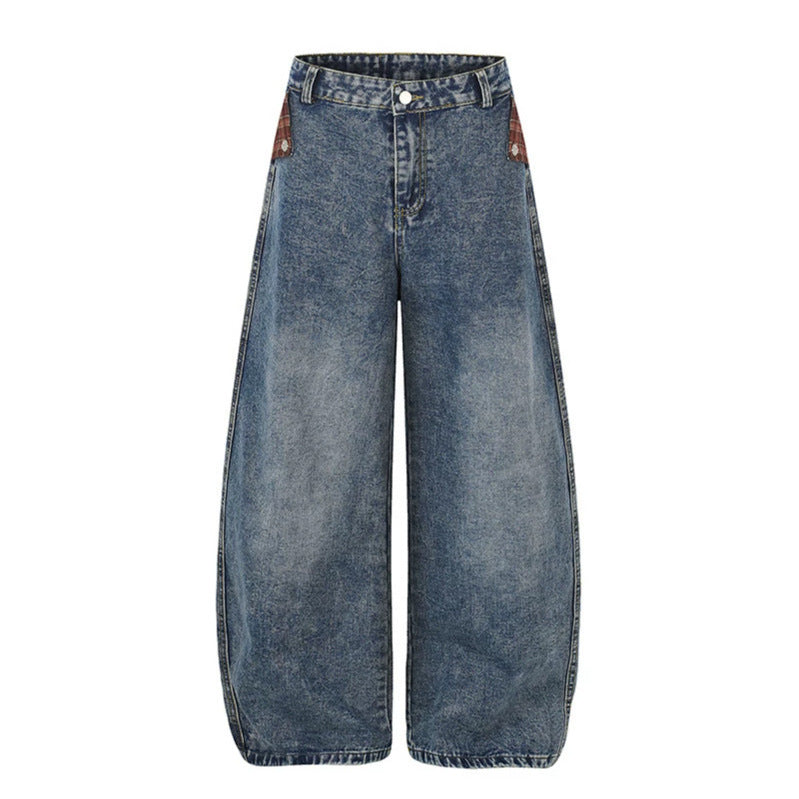 Women's Wide High-Waist Denim Culotte in Palazzo Style with Check Waistband and Vintage Wash Mune Fashion