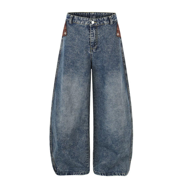 Women's Wide High-Waist Denim Culotte in Palazzo Style with Check Waistband and Vintage Wash Mune Fashion