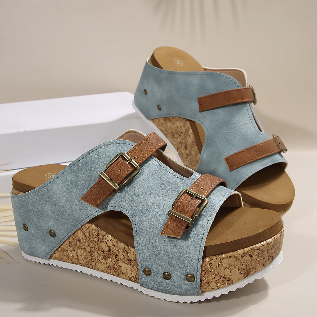 Ladies nan cork wedge sandals with two adjustable buckles, stud application and ergonomic footbed Mune Fashion