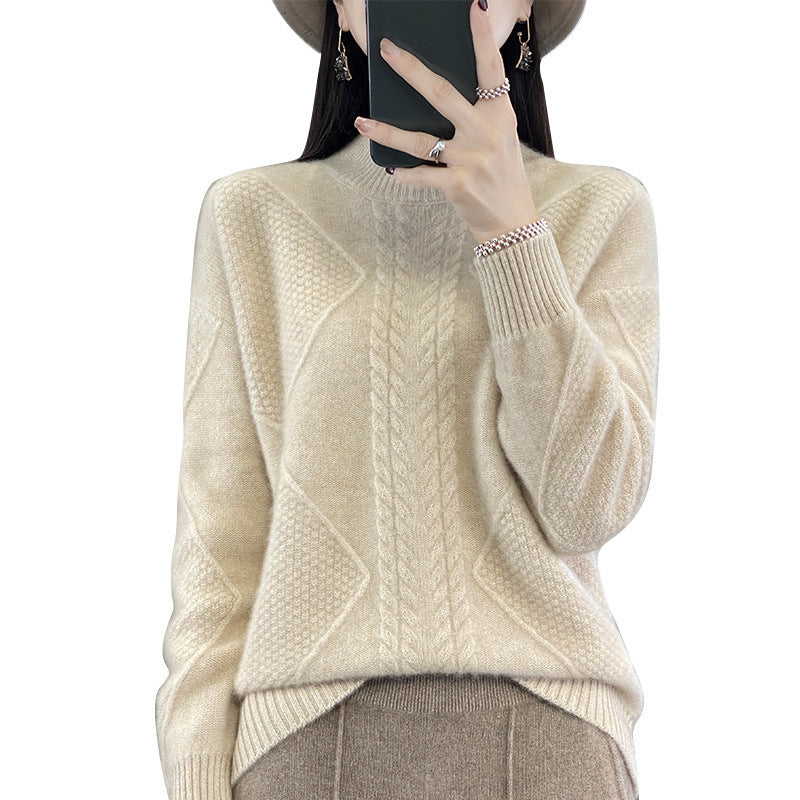 Women's Soft Cable Knit Mock Neck Sweater with Structure Patches and Fluffy Mohair Look Mune Fashion