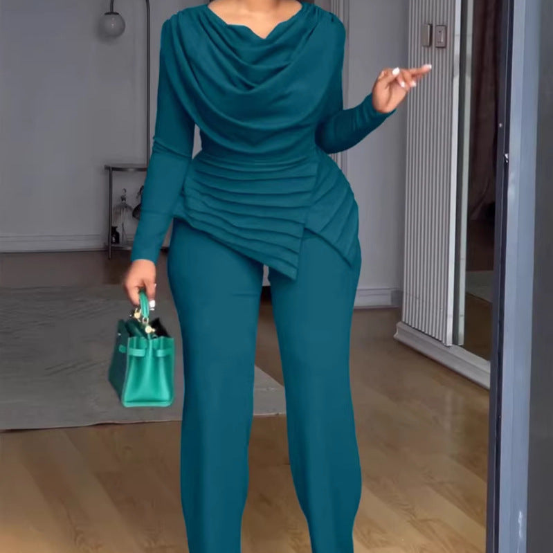 Women's Two-Piece Set with Waterfall Draped Top, Tiered Peplum and Straight Pleated Trousers Drune