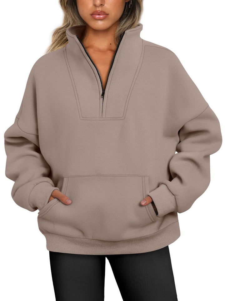 Women's oversized half-zip hoodie with high stand collar, kangaroo pocket, and ribbed cuffs Mune Fashion