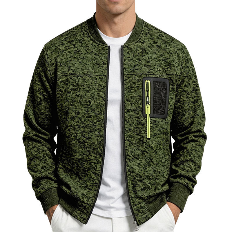 Men's structured bomber jacket with camouflage texture and zippered chest pocket Mune Fashion