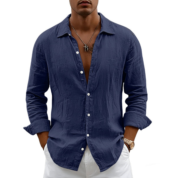 Men's airy relaxed linen shirt with open lapel, rounded hem, and roll-up sleeves Mune Fashion