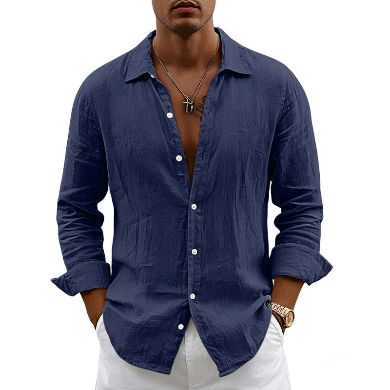 Men's airy relaxed linen shirt with open lapel, rounded hem, and roll-up sleeves Mune Fashion