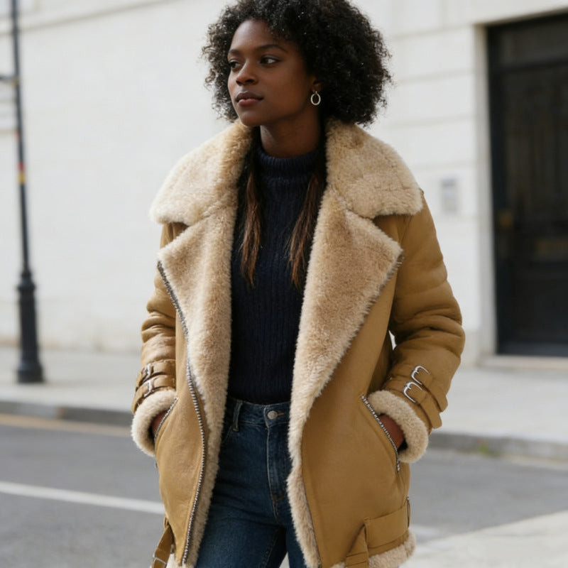 Ladies fluffy biker jacket with teddy lining and buckle trim Mune Fashion