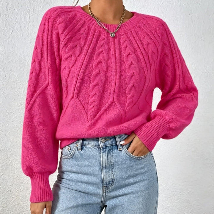 Women short-cut chunky knit cable sweater with balloon sleeves Mune Fashion