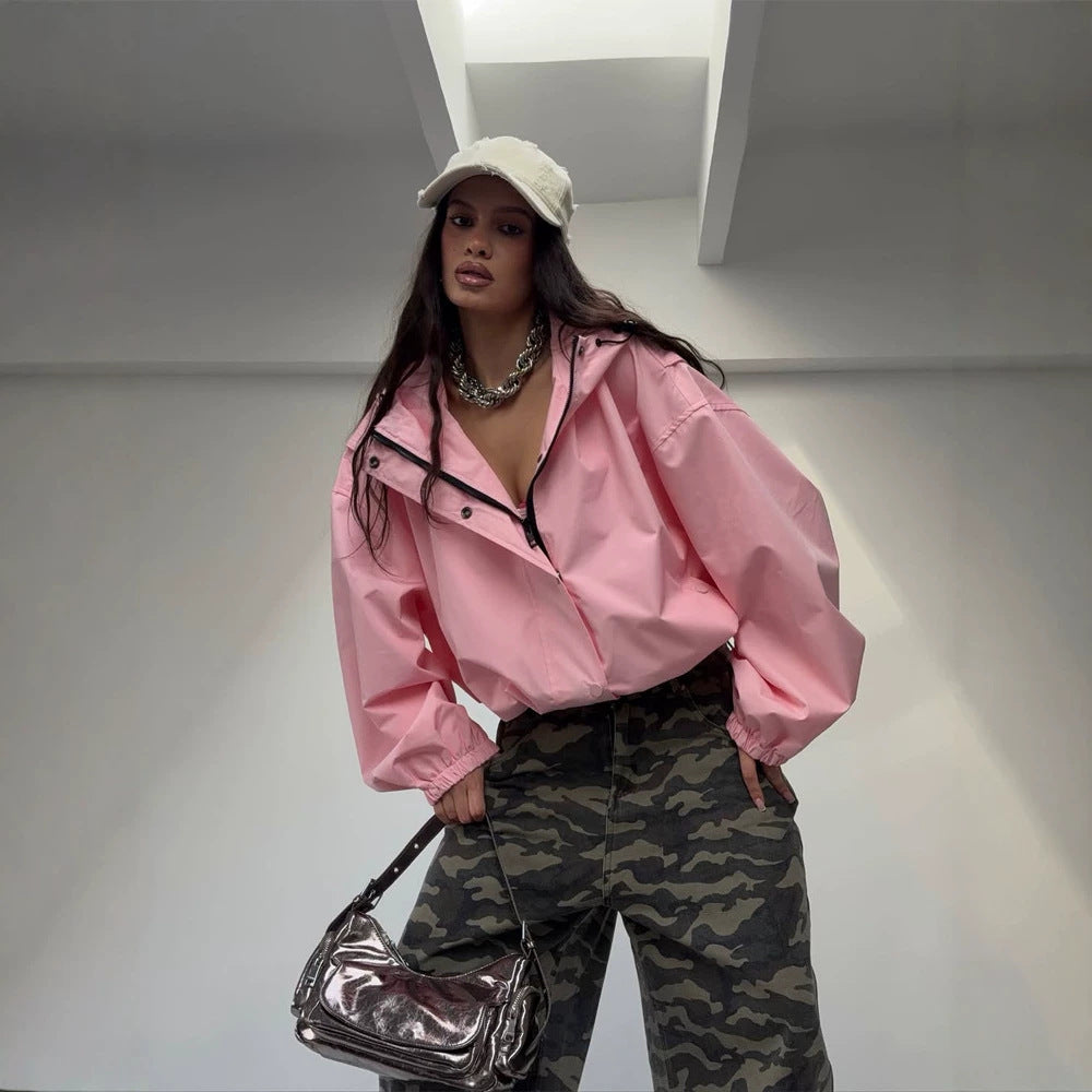 Women's Oversize Windbreaker Jacket with Hood and Short Cropped Cut Mune Fashion