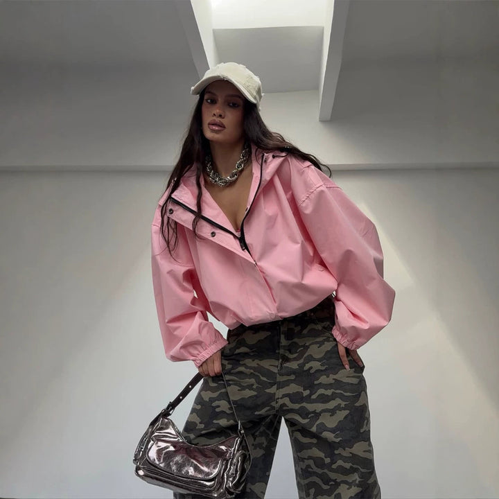 Women's Oversize Windbreaker Jacket with Hood and Short Cropped Cut Mune Fashion